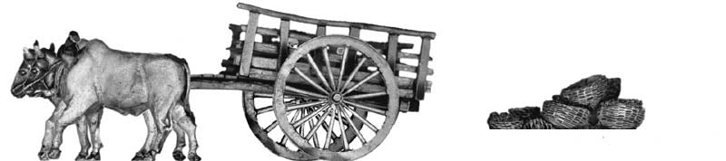 Ox cart with load of baskets, plus lady with bicycle (28mm)